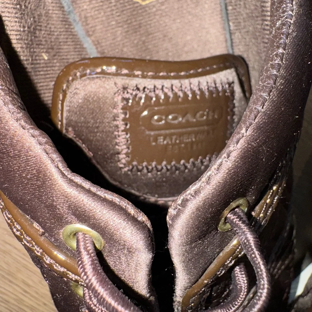 Coach Kellee Brown Quilted Satin And Patent Leather Trim Sneakers Women’s Sz 6.5